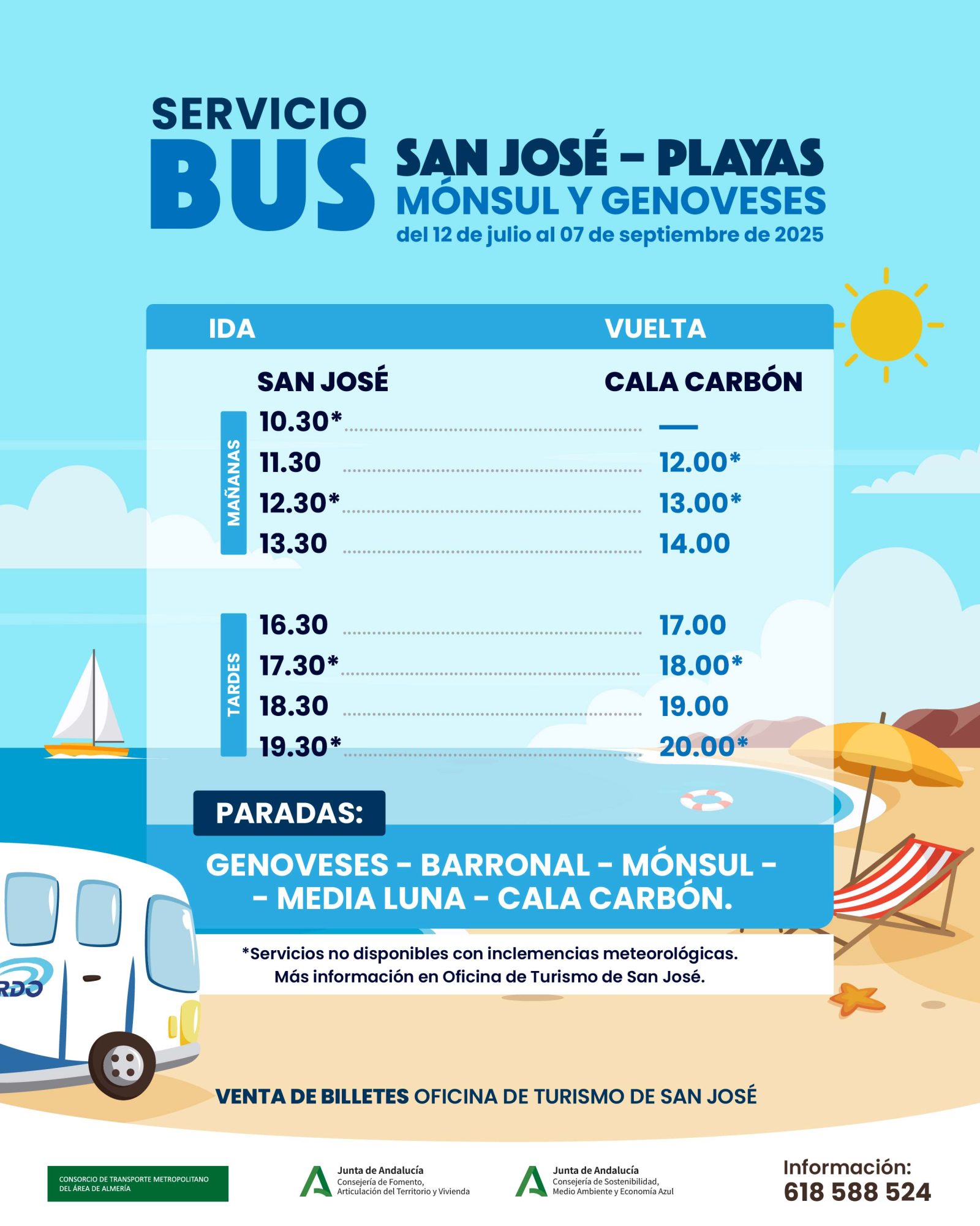 Horario de autobus lanzadera a las playas de Genoveses y Monsul