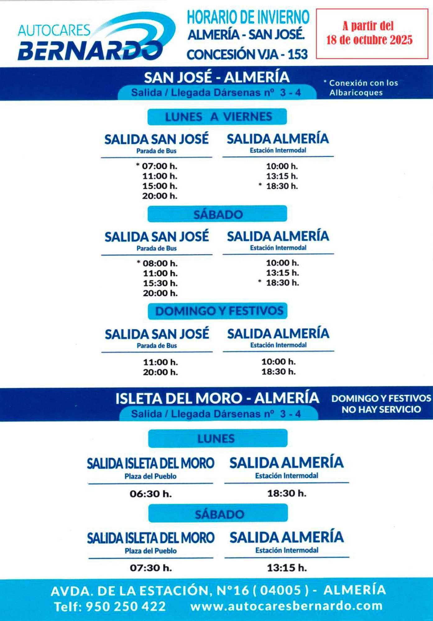 Horario de 2026 de las salidas de autobuses que unen Almería con San José y La Isleta d